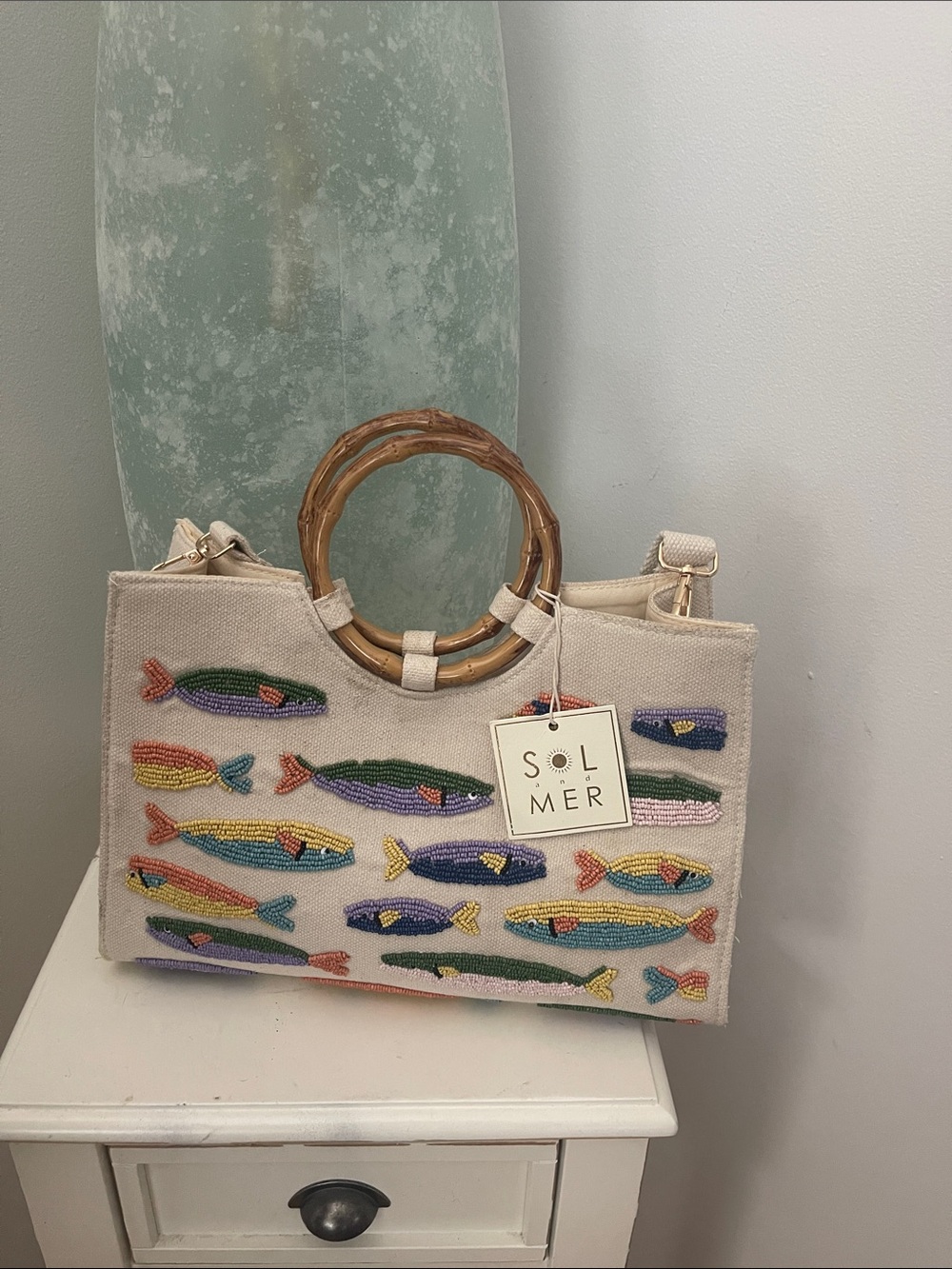 Sol Summer Cream Embroidered Fish Canvas Tote with Bamboo Handles